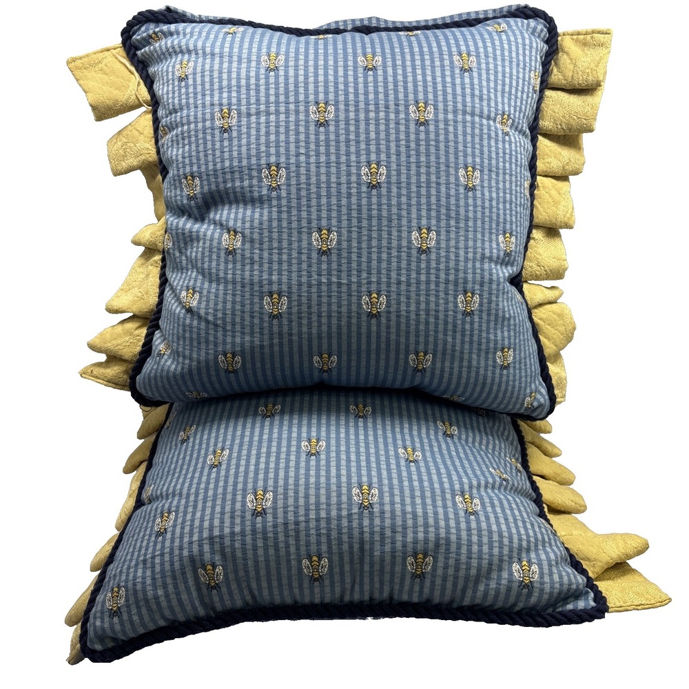 Two Vtg Blue Stripe Yellow Ruffle  Embroidered Bee Pillows 22x16" *